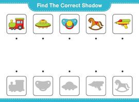 trova il corretta ombra. trova e incontro il corretta ombra di treno, ufo, pacificatore, acqua pistola, e a dondolo cavallo. educativo bambini gioco, stampabile foglio di lavoro, vettore illustrazione