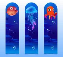 bambini segnalibri con cartone animato subacqueo creature vettore