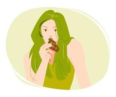 bellissimo donna mangiare cioccolato bar adatto per il tema di cibo, dolce, merenda, Stampa, eccetera. piatto vettore illustrazione