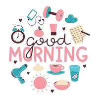 impostato di mano disegnato mattina routine elementi. lettering bene mattina. colazione, mattina fitness, quotidiano pianificazione. vettore isolato illustrazione