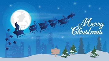 Natale e nuovo anno illustrazione un' renna squadra trasporta Santa Claus nel il notte cielo contro il sfondo di il Luna al di sopra di il notte foresta e il città vettore