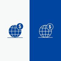 dollaro globale attività commerciale globo internazionale linea e glifo solido icona blu bandiera linea e glifo solido icona blu bandiera vettore