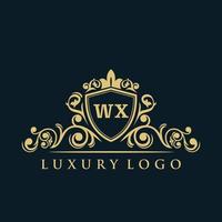 lettera wx logo con lusso oro scudo. eleganza logo vettore modello.