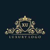 lettera xu logo con lusso oro scudo. eleganza logo vettore modello.