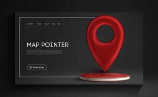 rosso carta geografica pointer isolato su nero sfondo. trova indirizzo, Posizione icona concetto. GPS 3d pointer su rosso podio nel nero interno. vettore 3d illustrazione.