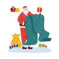 Santa con Natale regalo elenco piatto illustrazione vettore