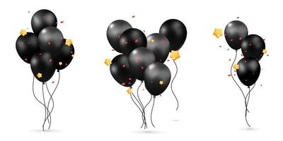 collezione di 3d vettore mazzo nero realistico rendere aria palloncini per compleanno, festivo, vacanza evento con coriandoli, stelle decorazione elemento design