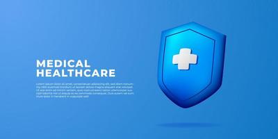 3d cartone animato scudo sicuro assicurazione medico assistenza sanitaria illustrazione concetto per ospedale clinica vettore