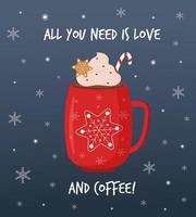 rosso boccale di caffè con crema e Zenzero biscotto su nevoso sfondo. tutti voi bisogno è amore e caffè. romantico inverno concetto. Natale, San Valentino saluto carta. vettore