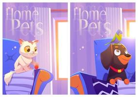 casa animali domestici cartone animato manifesti con gattino, pappagallo, cane vettore