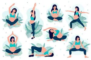 contento e salutare gravidanza concetto. incinta donna fare yoga, 8 esercizi per Salute e rilassamento. illustrazione vettore isolato su bianca