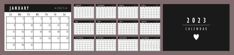2023 calendario progettista modello. il settimana inizia su domenica. nero parete o scrivania calendario. impostato di 12 mesi vettore