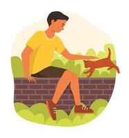 adolescente ragazzo e gatto vivente nel giardino vettore