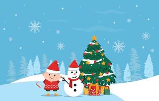ragazzo giocando pupazzo di neve pino albero inverno Natale illustrazione vettore