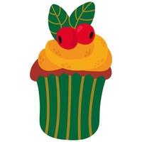 Natale Cupcake con agrifoglio frutti di bosco. bianca sfondo, isolato. disegnato stile. vettore illustrazione.