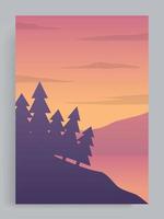 verticale copertina vettore illustrazione. tramonto Visualizza nel il pino albero foresta con montagne e lago nel il sfondo. per volantino, rivista, libro coperchio, striscione, invito, manifesto.