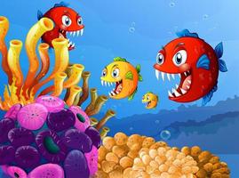 molti pesci esotici personaggio dei cartoni animati sullo sfondo sott'acqua vettore