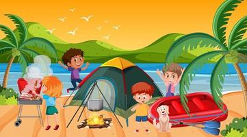 scena di picnic con la famiglia felice in spiaggia vettore