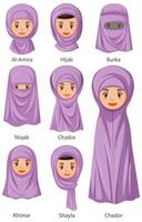 tipi di veli tradizionali islamici di donna in stile cartone animato vettore