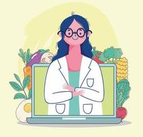 medico dietista con laptop e cibo fresco e sano vettore