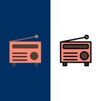 Radio fm Audio media icone piatto e linea pieno icona impostato vettore blu sfondo