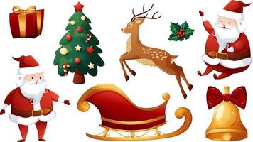 Natale impostato cartone animato. salto cervo, ridendo Santa claus, slitta, Natale albero, regalo, d'oro campana e agrifoglio vettore