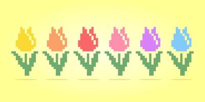 Fiore di tulipano a 8 bit pixel. set di fiori per schemi a punto croce, in illustrazioni vettoriali. vettore