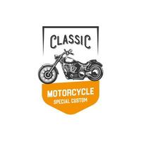 costume motociclo etichetta nel Vintage ▾ stile con iscrizione e motocicletta con bianca sfondo isolato vettore illustrazione logo design modello