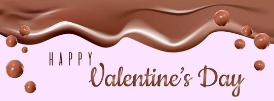 contento San Valentino S giorno striscione, saluto carta per San Valentino S giorno con cuori su un' rosa sfondo. gocciolante fuso cioccolatini isolato. realistico 3d illustrazione di liquido cioccolato risma o sciroppo. vettore