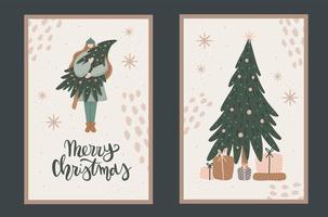 ragazza Tenere Natale albero saluto carte impostare. vettore mano disegnato inverno vacanze sfondo
