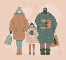 contento famiglia acquisto e Tenere Natale i regali e Borsa. un' bambino con padre e madre Natale celebrazione. shopping su inverno vacanze concetto vettore