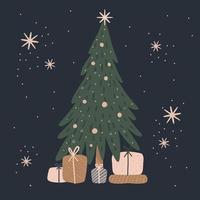 mano disegnato Natale albero con i regali e saluto carta vettore