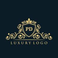 lettera pd logo con lusso oro scudo. eleganza logo vettore modello.