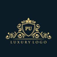 lettera pu logo con lusso oro scudo. eleganza logo vettore modello.