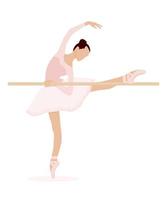 vettore ballerina fare allungamento esercizi a il balletto barre. giovane grazioso donna balletto ballerino. elegante ballerina nel rosa tutu vestire, danza su pointe scarpe isolato su tne bianca