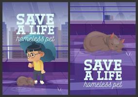 Salva un' vita senza casa animale domestico cartone animato manifesti design vettore