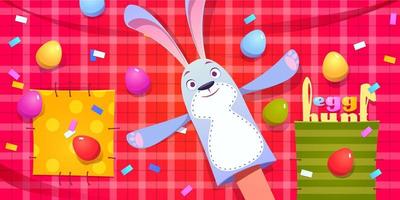 uovo caccia, Pasqua celebrazione con coniglietto fantoccio vettore
