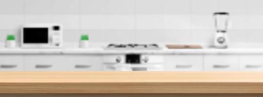 di legno contatore superiore su cucina sfocatura sfondo vettore