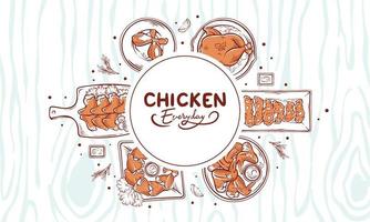 mano disegnato pollo piatto impostato illustrazione superiore Visualizza. pollo pasto collezione con di legno modello sfondo. pollo semplice disegno vettore design disegno