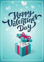 contento San Valentino S giorno saluto carta - amore giorno vettore carta o manifesto con rosso regalo scatola e amorini nel il nuvole. vettore illustrazione.