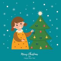 Natale e nuovo anno saluto carta. famiglia vacanza, Congratulazioni. poco ragazza decora il Natale albero. inverno vacanza concetto. vettore