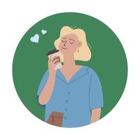 adorabile ragazza con un' tazza di caffè nel un' blu camicia. isolato il giro icone o avatar. vettore illustrazione nel piatto stile.