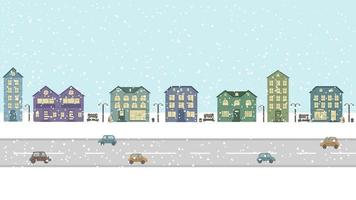 panoramico Visualizza di il strada con case e il strada con macchine. inverno nevoso città. illustrazione con edifici e urbano particolari. persone case e un' caffè negozio e un' forno fra loro. vettore