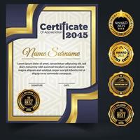 modello di certificato di colore blu e oro. certificato di conseguimento con badge d'oro vettore