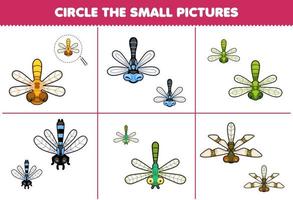 formazione scolastica gioco per bambini scegliere il piccolo immagine di carino cartone animato libellula stampabile insetto foglio di lavoro vettore