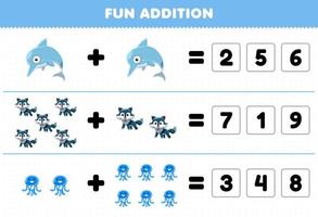 formazione scolastica gioco per bambini divertimento aggiunta di indovina il corretta numero di carino cartone animato delfino lupo Medusa stampabile animale foglio di lavoro vettore