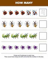 formazione scolastica gioco per bambini contare Come molti carino cartone animato coccinella ape cavalletta ragno e Scrivi il numero nel il scatola stampabile animale foglio di lavoro vettore