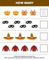 formazione scolastica gioco per bambini contare Come molti carino cartone animato corona maschera sombrero cappello flanella e Scrivi il numero nel il scatola stampabile indossabile Abiti foglio di lavoro vettore