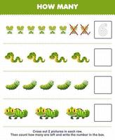 formazione scolastica gioco per bambini contare Come molti carino cartone animato rana serpente bruco iguana e Scrivi il numero nel il scatola stampabile animale foglio di lavoro vettore