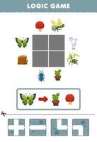 formazione scolastica gioco per bambini logica puzzle costruire il strada per farfalla mossa per cactus pentola e fungo stampabile insetto foglio di lavoro vettore